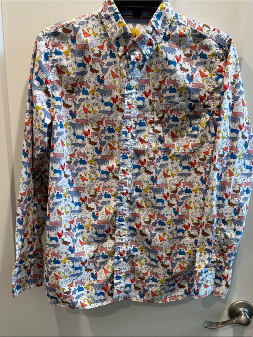 Boden Kids Long-Sleeve Button-Down Shirt - Multicolor Animal Print Farm 13-14Y